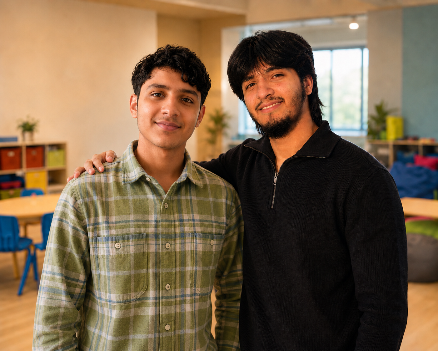 Haroon and Zobair, the founders of NextWave Kids, standing together in their Camp Hill facility